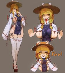 Rule 34 | 1girl, adapted costume, blonde hair, breasts, brown headwear, commentary, english commentary, grey background, highres, large breasts, leg tattoo, long sleeves, medium breasts, moriya suwako, multiple views, pulling own clothes, simple background, smile, tabard, tattoo, thighhighs, tomatolover16, tongue, tongue out, touhou, white thighhighs, yellow eyes