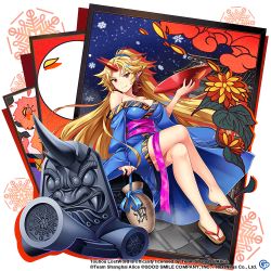 Rule 34 | 1girl, alcohol, bare legs, blonde hair, blue kimono, breasts, cleavage, closed mouth, collarbone, commentary request, copyright notice, crossed legs, cup, fingernails, flip-flops, horns, hoshiguma yuugi, hoshiguma yuugi (kimono), japanese clothes, kimono, legs, long hair, long sleeves, medium breasts, nail polish, obi, off shoulder, official alternate costume, official art, pointy ears, purple sash, red horns, red nails, sakazuki, sake, sandals, sash, single horn, smile, solo, toenail polish, toenails, toes, touhou, touhou lostword, transparent background, very long hair, wide sleeves