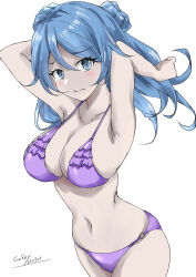 Rule 34 | 1girl, bikini, blue eyes, blue hair, breasts, closed mouth, cowboy shot, double bun, frilled bikini, frills, gakky, hair bun, highres, kantai collection, large breasts, looking at viewer, medium breasts, o-ring, o-ring bottom, one-hour drawing challenge, purple bikini, simple background, solo, swimsuit, urakaze (kancolle), white background