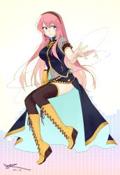 Rule 34 | 1girl, bad id, bad pixiv id, black thighhighs, blue eyes, boots, breasts, cross-laced footwear, detached sleeves, full body, hakei, headphones, headset, highres, knee boots, lace-up boots, long hair, long skirt, looking at viewer, megurine luka, midriff, nail polish, navel, pink hair, side slit, skirt, smile, solo, thighhighs, very long hair, vocaloid, yellow footwear