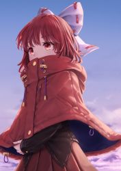 Rule 34 | 1girl, black shirt, blue sky, bow, capelet, cloud, commentary request, cowboy shot, day, drawstring, hair bow, high collar, highres, long sleeves, pleated skirt, red capelet, red eyes, red hair, red skirt, ribbon-trimmed bow, ribbon trim, sekibanki, shirt, short hair, skirt, sky, solo, standing, torinari (dtvisu), touhou, white bow