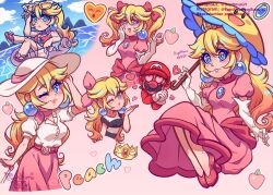 Rule 34 | 1boy, 1girl, bikini, blonde hair, blowing kiss, blue eyes, blush, breasts, brown hair, character name, cleavage, dress, earrings, facial hair, gloves, hat, heart, highres, jewelry, long hair, looking at viewer, mario, mario (series), medium breasts, mustache, nintendo, one eye closed, overalls, perry (mario), pink dress, princess peach, princess peach (swimwear), princess peach (vacation), rosie (supnovagy), spoken heart, sunglasses, super mario odyssey, super princess peach, swimsuit, twintails, umbrella, water, wink