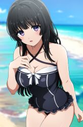 Rule 34 | 1girl, arm at side, bang dream!, bare arms, bare shoulders, beach, black hair, black one-piece swimsuit, blue sky, blunt bangs, blurry, blurry background, blush, breasts, casual one-piece swimsuit, cleavage, cloud, collarbone, commentary, cowboy shot, criss-cross halter, day, frilled one-piece swimsuit, frills, halterneck, hand on own chest, hand up, highres, leaning forward, long hair, looking at viewer, medium breasts, noshimurin, ocean, official alternate costume, one-piece swimsuit, outdoors, parted lips, purple eyes, shirokane rinko, sidelocks, sky, solo, standing, swimsuit