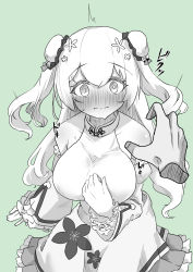 Rule 34 | 1girl, 1other, bare shoulders, bell, blush, breasts, bun cover, capelet, chinese clothes, cowboy shot, detached sleeves, disembodied hand, double bun, dress, empty eyes, floral print, flower, frilled skirt, frills, full-face blush, green background, greyscale, greyscale with colored background, groping motion, hair between eyes, hair bun, hair flower, hair ornament, hair ribbon, highres, hololive, jingle bell, large breasts, mochiyuki (gigfor1), momosuzu nene, monochrome, pleated skirt, pov, pov hands, ribbon, simple background, skirt, sleeveless, sleeveless dress, solo focus, virtual youtuber