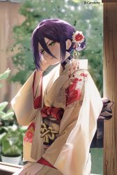 Rule 34 | 1girl, absurdres, blush, chainsaw man, choker, closed mouth, cowboy shot, day, eyelashes, floral print, flower, from side, green eyes, hair between eyes, hair bun, hair flower, hair ornament, hand on own head, hand up, head tilt, highres, japanese clothes, kanzashi, kimono, long sleeves, looking at viewer, lufi ays, obi, on railing, photo background, plant, potted plant, railing, reze (chainsaw man), sash, single hair bun, sitting, smile, solo, updo