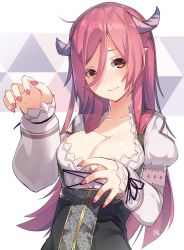 Rule 34 | 1girl, blouse, breasts, character request, cleavage, copyright request, fingernails, gold trim, hair between eyes, highres, horns, large breasts, long hair, looking at viewer, meth (emethmeth), pink eyes, pink hair, pointy ears, sharp fingernails, shirt, solo, upper body, white shirt