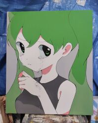 Rule 34 | 1girl, acrylic paint (medium), bare shoulders, closed mouth, commentary request, crying, crying with eyes open, green eyes, green hair, grey background, hand up, highres, long hair, looking at viewer, momoe (mme daigaku), original, painting (medium), photo (medium), shirt, sleeveless, sleeveless shirt, solo, tears, traditional media, twintails, unconventional media, upper body