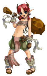 Rule 34 | 1girl, :d, blue eyes, club (weapon), earrings, fang, female goblin, flat chest, goblin, goblin (monster girl encyclopedia), hoop earrings, horns, jewelry, kenkou cross, lowres, midriff, monster girl, monster girl encyclopedia, navel, open mouth, pointy ears, puffy pants, red hair, see-through, simple background, single horn, smile, solo, standing, twintails, weapon, white background