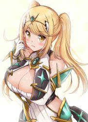 Rule 34 | 1girl, alternate hairstyle, bare shoulders, blonde hair, breasts, chest jewel, cleavage cutout, clothing cutout, dress, earrings, elbow gloves, gloves, highres, jewelry, kurokaze no sora, large breasts, long hair, mythra (xenoblade), short dress, short twintails, swept bangs, tiara, twintails, very long hair, white dress, white gloves, xenoblade chronicles (series), xenoblade chronicles 2, yellow eyes