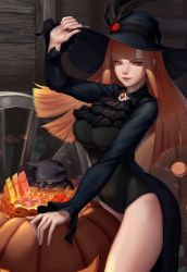 Rule 34 | 1girl, azhang, black cat, black hat, blonde hair, blunt bangs, candy, candy apple, cat, cowboy shot, food, frilled shirt collar, frills, halloween, hat, hat feather, highres, jack-o&#039;-lantern, leotard, lips, long hair, looking at viewer, original, pumpkin, solo, thighs, witch, witch hat, yellow eyes