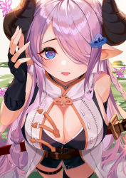 Rule 34 | 1girl, absurdres, animal print, arm behind back, bare shoulders, black gloves, blue eyes, blush, braid, breasts, butterfly print, cleavage, commentary, draph, from above, gloves, granblue fantasy, hair ornament, hair over one eye, high heels, highres, horns, katana, large breasts, light purple hair, long hair, looking at viewer, munseonghwa, narmaya (granblue fantasy), open mouth, pointy ears, purple hair, single braid, sleeveless, smile, solo, sword, very long hair, weapon
