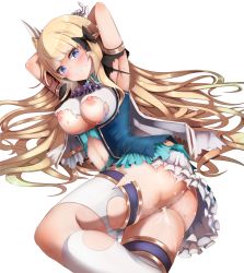Rule 34 | 1girl, armpits, arms behind head, ascot, black bow, blonde hair, blue eyes, blush, bow, breasts, capelet, clenched teeth, cum, cum in pussy, dress, elf, frills, gloves, hair bow, hair ornament, highres, large breasts, long hair, looking at viewer, multicolored clothes, multicolored dress, navel, nipples, cum overflow, pointy ears, princess connect!, pussy, restrained, saren (princess connect!), short sleeves, simple background, skindentation, solo, suisui (hakkindou), sweat, teeth, thighhighs, torn clothes, torn dress, very long hair, white background, white thighhighs