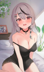 Rule 34 | 1girl, arm at side, bare arms, bare shoulders, bed, between legs, black choker, blush, braid, breasts, chemise, choker, cleavage, collarbone, day, eyelashes, feet out of frame, grey hair, hair between eyes, hair ornament, hairclip, hand between legs, heart, heart choker, hololive, indoors, lace trim, large breasts, long hair, looking at viewer, multicolored hair, no bra, on bed, open mouth, picture frame, pillow, plant, red eyes, sakamata chloe, single braid, sitting, solo, srymurr, strap slip, streaked hair, sunlight, virtual youtuber, wavy hair, x hair ornament