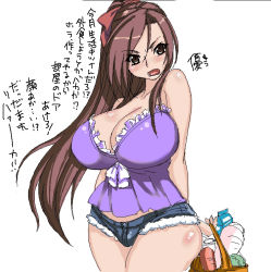 Rule 34 | 1girl, 695 (mukuko), angry, bad id, bad pixiv id, blush, breasts, brown eyes, brown hair, cleavage, curvy, cutoffs, denim, denim shorts, groceries, huge breasts, long hair, oekaki, open mouth, plump, ribbon, short shorts, shorts, simple background, solo, translated, tsundere, white background, yuu (695)