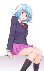 Rule 34 | 1girl, animal ears, black jacket, blazer, blue hair, collared shirt, commentary, feet out of frame, highres, jacket, kakone, looking at viewer, necktie, one-hour drawing challenge, open mouth, purple skirt, rabbit ears, rabbit girl, rabbit tail, red eyes, red necktie, reisen (touhou bougetsushou), shirt, short hair, simple background, sitting, skirt, solo, tail, touhou, white background, white shirt