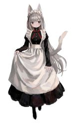 Rule 34 | 1girl, absurdres, animal ear fluff, animal ears, blush, cat ears, cat girl, cat tail, closed mouth, frills, grey hair, highres, huge filesize, long hair, looking at viewer, maid, maid headdress, original, red eyes, red neckwear, red ribbon, ribbon, simple background, sleeves past wrists, smile, solo, tail, very long hair, white background, zinbei