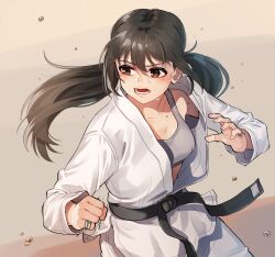 Rule 34 | 1girl, armpits, artist request, black hair, black sash, breasts, brown eyes, clenched hand, collarbone, determined, dougi, eyelashes, female focus, fighting stance, floating hair, grey sports bra, hands up, idolmaster, idolmaster cinderella girls, long hair, looking to the side, low twintails, medium breasts, midriff peek, nakano yuka, namco, neck, open clothes, open mouth, open shirt, sash, sidelocks, sports bra, standing, sweat, sweatdrop, swept bangs, twintails
