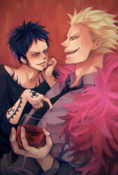 Rule 34 | 2boys, alcohol, arm tattoo, black hair, black nails, blonde hair, cheese neko3, chest tattoo, cup, donquixote doflamingo, drink, drinking glass, earrings, facial hair, goatee, hand tattoo, height difference, highres, holding, holding drink, jewelry, looking at another, male focus, multiple boys, necktie, no eyewear, one piece, shirt, short hair, smile, tattoo, trafalgar law, wine, wine glass, yaoi
