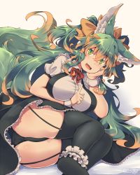 Rule 34 | 1girl, animal ear fluff, animal ears, black panties, black thighhighs, blush, bow, breasts, brown hair, fang, garter straps, green eyes, green hair, hair between eyes, hair bow, kuromiya, kuromiya raika, large breasts, long hair, looking at viewer, lying, multicolored hair, on side, open mouth, original, panties, solo, tail, thighhighs, two-tone hair, underwear, white background
