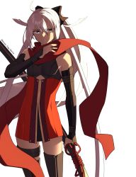 Rule 34 | absurdres, ambiguous gender, arm guards, black bow, bow, dark skin, fate/grand order, fate (series), hair bow, highres, house tag denim, koha-ace, long hair, okita souji (fate), okita souji alter (fate), ponytail, red scarf, rengoku (fate), scarf, solo, white eyes, white hair