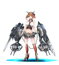 Rule 34 | &gt;:), 10s, 1girl, big.g, brown hair, full body, green eyes, headgear, highres, kantai collection, looking at viewer, machinery, mecha musume, miniskirt, mutsu (kancolle), navel, pleated skirt, short hair, skirt, smile, solo, turret, v-shaped eyebrows