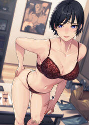 Rule 34 | 1girl, absurdres, artist name, black hair, blue eyes, blush, bra, breasts, cleavage, cowboy shot, hand on own ass, hand on own leg, highres, kagematsuri, looking to the side, medium breasts, original, panties, poster (object), short hair, solo, twitter username, underwear