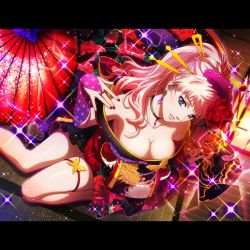 Rule 34 | 1girl, alternate costume, alternate hairstyle, bare shoulders, black choker, black kimono, blonde hair, blue eyes, blush, breasts, bridal gauntlets, choker, cleavage, collarbone, earrings, female focus, flower, hair flower, hair ornament, hand up, highres, japanese clothes, jewelry, kimono, large breasts, letterboxed, lips, lipstick, long hair, macross, macross frontier, makeup, nail polish, neck, necklace, no bra, off shoulder, official art, oil-paper umbrella, parted lips, pink lips, ponytail, red nails, seiza, sheryl nome, single earring, sitting, smile, solo, sparkle, umbrella, uta macross sumaho deculture, wariza