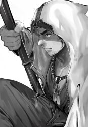 Rule 34 | 1boy, bara, bead necklace, beads, beard stubble, closed mouth, cross scar, facial hair, holding, holding weapon, hood, hood up, houzouin oniwaka, jewelry, looking to the side, male focus, monochrome, muscular, muscular male, necklace, pectoral cleavage, pectorals, profile, scar, scar on face, scar on forehead, sideburns, solo, stubble, tass commuovere, tokyo houkago summoners, weapon, white background