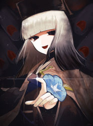 Rule 34 | 1girl, black eyes, black hair, black hat, black kimono, blunt bangs, breasts, disembodied hand, fate/grand order, fate (series), flower, ghost hands, glint, gradient hair, grey hair, hat, highres, japanese clothes, kimono, long sleeves, looking at viewer, medium hair, multicolored hair, obi, ohuman, open mouth, sash, sen no rikyu (fate), sen no rikyu (second ascension) (fate), small breasts, smile, solo focus, tassel, wide sleeves