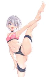 Rule 34 | 1girl, :d, absurdres, armpits, ass, bare arms, bare legs, bare shoulders, barefoot, black choker, black panties, blue eyes, breasts, cameltoe, choker, cleft of venus, collarbone, cowboy shot, crop top, fang, haishiki, highres, leg lift, lifting own clothes, looking at viewer, navel, open mouth, original, panties, short hair, silver hair, skindentation, sleeveless, small breasts, smile, solo, split, sports bra, standing, standing on one leg, standing split, stomach, thigh strap, thighs, tongue, tongue out, underwear, v-shaped eyebrows, yuzu (haishiki)