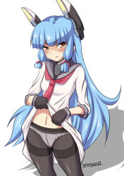 Rule 34 | 10s, 1girl, black gloves, blue hair, blunt bangs, blush, brown eyes, clothes lift, crotch seam, dress, dress lift, gloves, hair ornament, highres, kantai collection, lifted by self, long hair, looking at viewer, murakumo (kancolle), navel, neckerchief, open mouth, panties, panties under pantyhose, pantyhose, sidelocks, solo, tamayan, thighband pantyhose, underwear, white dress