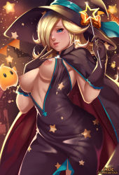 Rule 34 | 1girl, black dress, black gloves, blonde hair, blue eyes, blush, bow, breasts, breasts out, center opening, cowboy shot, dress, exlic, gloves, hair over one eye, halloween, halloween costume, hat, hat bow, highres, holding, holding wand, lips, long hair, looking at viewer, luma (mario), mario (series), medium breasts, nintendo, nipples, parted lips, patreon username, rosalina, side slit, solo, star (symbol), star wand, wand, witch, witch hat