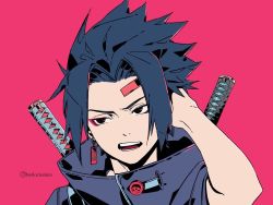 Rule 34 | 1boy, arm up, bandaid, bandaid on head, black eyes, black hair, clonion, commentary, earrings, english commentary, eyeliner, instagram username, jewelry, katana, male focus, naruto, naruto (series), open mouth, parted bangs, pink background, red eyeliner, single earring, solo, sword, uchiha sasuke, weapon, weapon on back
