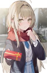 Rule 34 | 1girl, ahoge, aroa (aroamoyasi), blonde hair, blue skirt, blurry, blurry background, blush, braid, chocolate, closed mouth, coat, enpera, gift, highres, incoming gift, long hair, long sleeves, looking at viewer, open clothes, open coat, original, pleated skirt, red scarf, scarf, school uniform, shirt, skirt, upper body, valentine, white shirt, winter clothes, yellow eyes