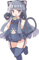 Rule 34 | 1girl, :d, absurdres, animal ears, animal hands, bare shoulders, black gloves, black hair, black thighhighs, blue leotard, blush, braid, breasts, cat ears, cat girl, cat tail, clothing cutout, collarbone, commentary request, fang, frilled leotard, frills, garter straps, gloves, hands up, highres, idolmaster, idolmaster cinderella girls, leotard, long hair, looking at viewer, navel, navel cutout, open mouth, paw cutout, paw gloves, red eyes, sajo yukimi, simple background, small breasts, smile, solo, standing, standing on one leg, strapless, strapless leotard, tail, thighhighs, umberblack, very long hair, white background