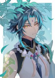 Rule 34 | 1boy, :/, absurdres, aqua hair, arm tattoo, armlet, asymmetrical sleeves, bead necklace, beads, branch, closed mouth, commentary request, expressionless, eyelashes, eyeliner, eyeshadow, facial mark, forehead, genshin impact, genshin kakino, gloves, highres, jewelry, leaf, lips, looking at viewer, makeup, male focus, multicolored hair, necklace, outside border, parted bangs, red eyeshadow, ripples, shoulder tattoo, single sleeve, solo, sparkle, spiked armlet, tassel, tattoo, two-tone hair, upper body, xiao (genshin impact), yellow eyes