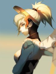 Rule 34 | 1girl, ask (askzy), blonde hair, breasts, closed mouth, expressionless, eyebrows, from side, gradient background, green eyes, hair ornament, halo, headgear, high ponytail, lips, looking at viewer, mechanical halo, mechanical wings, medium breasts, mercy (overwatch), multicolored background, nose, overwatch, overwatch 1, profile, short ponytail, solo, two-tone background, upper body, wings