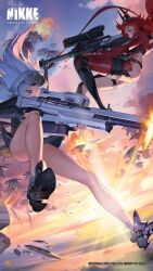Rule 34 | aiming, anti-materiel rifle, breasts, bullpup, cleavage, falling, firing, goddess of victory: nikke, gun, hair between eyes, highres, holding, holding gun, holding weapon, horns, jacket, large breasts, leather, leather jacket, long hair, long sleeves, mechanical horns, muzzle flash, official art, red hair, red hood (nikke), red scarf, rifle, scarf, sidelocks, sky, sniper rifle, snow white (nikke), weapon, yellow eyes
