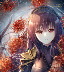 Rule 34 | 1girl, armor, bad id, bad pixiv id, black bodysuit, blush, bodysuit, breasts, commentary request, fate/grand order, fate (series), flower, hair between eyes, haneru, head tilt, long hair, looking at viewer, medium breasts, parted lips, pauldrons, purple hair, rain, red eyes, red flower, ripples, scathach (fate), shoulder armor, solo, spider lily, upper body, veil, water