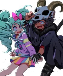 Rule 34 | 1boy, 1girl, alternate costume, animal skull, black cape, black footwear, black gloves, blue hair, blush, bow, bracelet, cape, constricted pupils, dark-skinned male, dark skin, drill hair, fang, fur-trimmed cape, fur trim, gloves, hair between eyes, hair bow, hair over one eye, hand up, highres, hood, hood down, hoodie, horns, idol land pripara, jewelry, katasumi amari, lau (laustar30), long hair, long sleeves, looking at another, mario (pripara), open mouth, pink bow, pretty series, pripara, purple hoodie, red eyes, short hair, simple background, skirt, smile, striped clothes, striped skirt, surprised, sweatdrop, twin drills, twintails, very long hair, wavy mouth, white background, wide-eyed