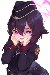 Rule 34 | 1girl, black hat, blue archive, commentary request, hair between eyes, hair ornament, hairclip, halo, haruka (blue archive), hat, looking at viewer, mari0ball, medium hair, military, military uniform, open mouth, purple eyes, purple hair, simple background, solo, uniform, white background, yandere trance