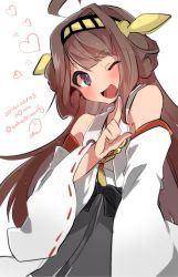 Rule 34 | 10s, 1girl, 2014, ;d, ahoge, artist name, brown eyes, brown hair, dated, double bun, headgear, heart, index finger raised, kantai collection, kongou (kancolle), long hair, nontraditional miko, one eye closed, open mouth, personification, pointing, ribbon-trimmed sleeves, ribbon trim, signature, smile, solo, takeshima eku, twitter username, white background, wink