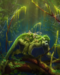 Rule 34 | animal, commentary, full body, green theme, highres, monkey, mushroom, original, outdoors, realistic, solo