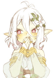 Rule 34 | 1girl, abara heiki, antenna hair, bare shoulders, blush, bridal gauntlets, covering own mouth, detached sleeves, dress, fingernails, flower, hair between eyes, hair flower, hair ornament, covering own mouth, kokkoro (princess connect!), long sleeves, looking away, looking to the side, pointy ears, princess connect!, puffy long sleeves, puffy sleeves, red eyes, see-through, see-through sleeves, simple background, sleeveless, sleeveless dress, solo, upper body, white background, white dress, white flower