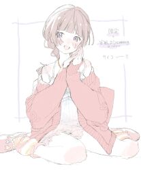Rule 34 | 1girl, bare legs, bare shoulders, blue eyes, blunt bangs, blush, bow, braid, brown hair, cable knit, camisole, cardigan, collarbone, dot nose, eyelashes, fingernails, full body, hair strand, hands up, happy, highres, jewelry, knee blush, loose socks, mochizuki honami, necklace, official alternate hairstyle, open mouth, own hands clasped, own hands together, pale color, pink cardigan, pink footwear, pogpa47985618, project sekai, shoulder blush, sidelocks, simple background, single braid, sitting, sleepwear, slippers, smile, socks, solo, spaghetti strap, star (symbol), star print, striped clothes, striped socks, thighs, wariza, white background, white bow, white camisole