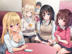 Rule 34 | 4girls, black hair, blazer, blonde hair, blue eyes, blush, bow, bowtie, breasts, brown hair, cellphone, censored, cleavage, clenched teeth, couch, embarrassed, green eyes, hair between eyes, hair over eyes, highres, holding, holding phone, indoors, jacket, large breasts, legs, long hair, mosaic censoring, multiple girls, no eyes, pantyhose, parted lips, phone, purple eyes, red eyes, school uniform, sitting, skirt, smile, standing, suzuno nono, table, teeth, thighhighs, thighs, twintails, vest, zettai ryouiki