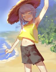 Rule 34 | androgynous, beach, gender request, hat, highres, houlen yabusame, len&#039;en, open mouth, short hair, short hair with long locks, shorts, grey eyes, silver hair, smile, solo, straw hat, tank top, waving arm, wei li