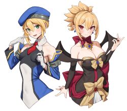 Rule 34 | 2girls, black dress, blazblue, blonde hair, blush, breasts, cleavage, closed mouth, dangle earrings, disgaea, dress, earrings, gloves, green eyes, highres, jewelry, large breasts, looking at viewer, michitaro smile, multiple girls, necktie, noel vermillion, parted lips, pointy ears, red eyes, red necktie, rozalin, short hair, simple background, small breasts, smile, sweatdrop, white background, white gloves