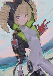 Rule 34 | 1girl, absurdres, alt text, animal hood, beach, black jacket, blonde hair, bodysuit, breasts, bright pupils, cable, cable tail, closed mouth, commentary, covered navel, cowboy shot, cropped jacket, day, drill hair, dutch angle, english commentary, green jacket, grey bodysuit, hair through headwear, hand up, highres, hood, hood up, hooded jacket, jacket, looking at viewer, mechanical tail, medium hair, ocean, open clothes, open jacket, outdoors, pouch, purple eyes, saaal653, shiro (tower of fantasy), small breasts, solo, standing, tail, thigh pouch, tower of fantasy, twin drills, two-sided fabric, two-sided jacket, w, white pupils