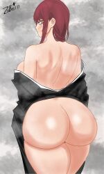 Rule 34 | 1girl, ass, back, backboob, breasts, chainsaw man, dress, highres, huge ass, large breasts, makima (chainsaw man), red hair, removing dress, sideboob, solo, tagme, yellow eyes